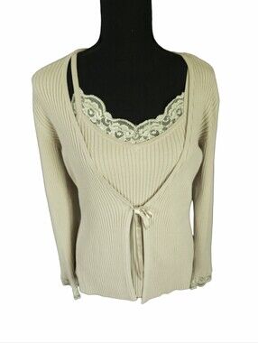 Y2K Lace Cami Layered Ribbed Tie Front Cardigan Sweater Sz M